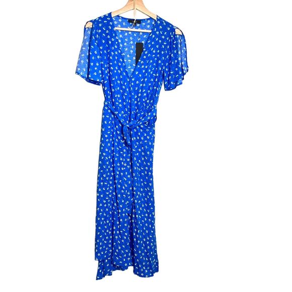 Lulus Maretta Blue and White Floral Print Wrap Midi Dress XS NWT Tie - Picture 4 of 13